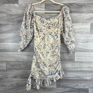 Sweet Lemon Mini Dress Women's Small Beige Floral Long Puff Sleeves Smocked Back